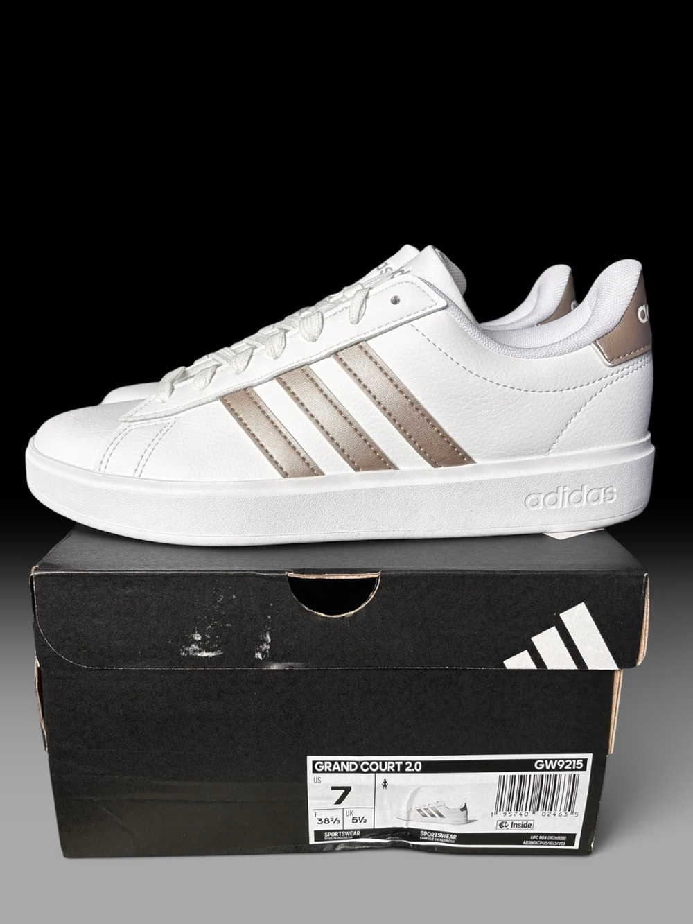 Adidas Grand Court 2.0 Women’s Size 7 White and Metallic Sneakers NEW
